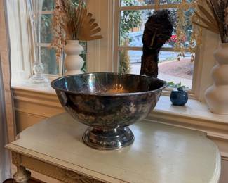 French table and oversized silver plate service bowl perfect for entertaining or eating a ton of popcorn out of
