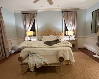 Custom king size tufted headboard, furniture and accessories from Arteriors and Ballard Design. Linens Sferra, Peacock Alley.