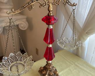 Vtg Brass & Ruby Red Glass Justice Scale 