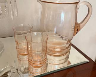 Pink Glass Pitcher and Drinking Glasses 