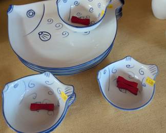 Made in China Blue Puffer fish plates and dipping bowls, set of 4