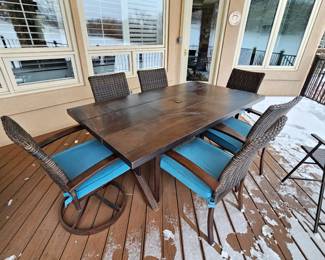  Outdoor Metal Tin Dining Table & 6 Chairs 42x76 w Umbrella Hole + 2 Folding Chairs