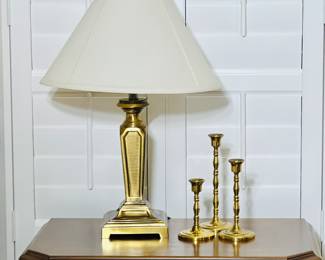  Vintage 24" Brass Table Lamp and Set of Three Brass Candlesticks