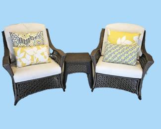 Outdoor Wicker Patio Chairs (Pair) with Cushions & Matching Side Table