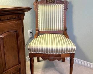  Antique Victorian Eastlake Style Parlor Chair with Light Blue and Cream Upholstery 