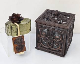 Jan Barboglio Art Glass Fleur de Lis w Cast Iron Candle Holder Box Decor Lot