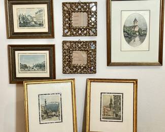  Gallery Wall -Set of Original Framed Etchings and Antique Mirror Set