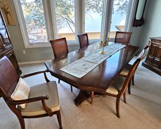  Ethan Allen Mid Century Dining Table w 2 Leaves & Cane Back Chairs Very Good Condition