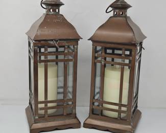 Pair of Bronze Tone Metal Lanterns with Faux Candles - 16" Tall