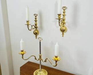 3 piece Vintage Brass Candle Holder Set - two-arm table candelabra and two single-arm wall sconces.