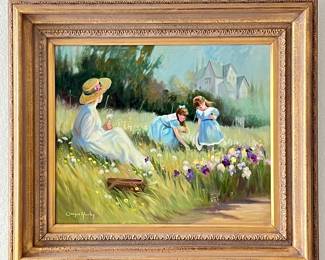 Vintage Carolyn Hughes Oil Painting of Women and Girls in Garden- 'The Iris Garden'