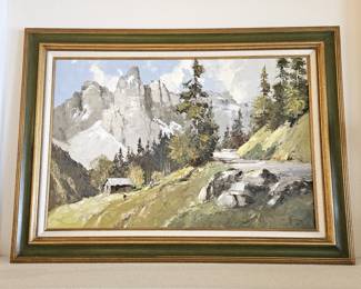 Large Original Oil Painting Mountain Landscape by E. Paulsen Framed 44” x 32”