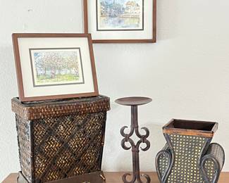  Vintage Woven Bamboo Basket, Decorative Vase, Iron Candle Holder, and Two Framed Watercolor Paintings