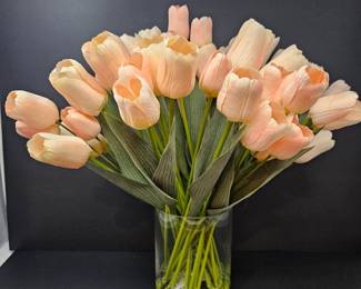  Pottery Barn Artificial Peach Tulip Floral Arrangement in Glass Vase 17" Tall