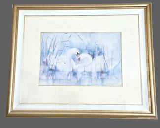  LARGE “Romance – Swans” Watercolor Painting 48 x 39 Framed Signed Author Unknown