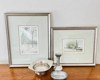 Framed Landscape Prints and Pewter Decorative Pieces 