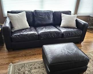 Thomasville Dark Brown Leather Sofa Couch w Matching Ottoman Removable Cushions