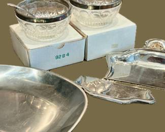 Vintage Silver Manning Bowman Crumb Catcher, Cut Glass Italian Crystal Bowls, and Stainless Serving Tray