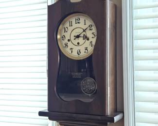 Vintage Ansonia Wood Wall Clock w Key Chimes Pendulum Gold Medallion Case - Working