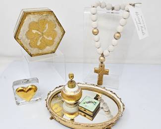  Gold & White Decorative Home Decor Lot Rosary Beads Trinket Boxes Mirror Tray  