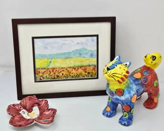  Framed Watercolor Landscape Print + Polcastro Ceramic Trinket Dish & Ganz Dog Figure (bank)