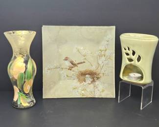 Decor Lot Hand-Painted Glass Vase Glass Plate & Ceramic Candle Holder
