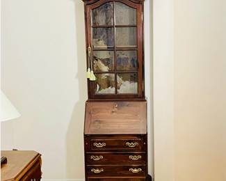 Vintage Ethan Allen cherry wood drop-front secretary desk with a bookcase hutch