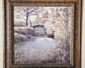Framed Landscape Painting with Bridge Scene - Signed by Unknown Artist 36" x 36"