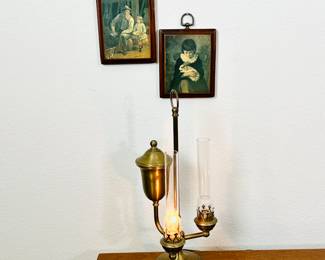 Antique Style Brass Student Lamp with Two Glass Chimneys - Electric