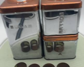 Vintage Lincoln Beautyware canisters with copper accents and 4 Copper napkin rings.