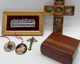 Vintage Religious Devotional Items Cross, Icons, Framed Relief  Wood Box
