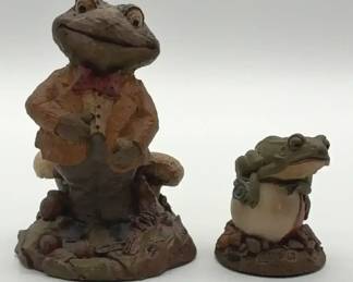 Signed Tim Wolf Bob 68 and Tom Clark Wind in the Willows Toad folk art figurines.