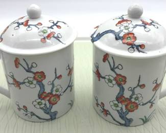 Vintage Porcelain Lidded Mug Set 2  Floral Asian Motif