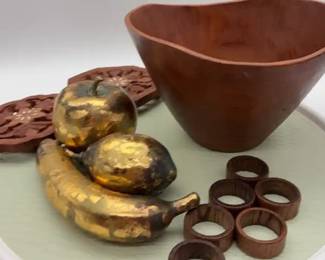 Wood Bowl Napkin Rings Fruit Decor Lot