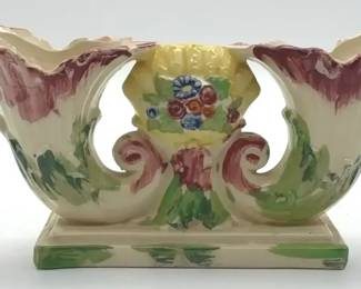 Ornate ceramic double horn planter vase floral motifs pastel colors. Hand made and painted Japan