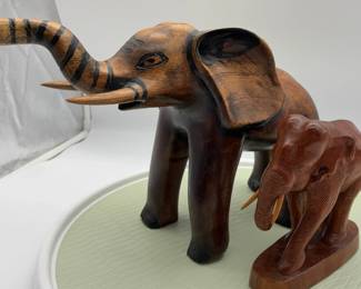 Vintage HandCarved Wooden Elephant Figurines  Set of 2  Decorative Animal Carvings