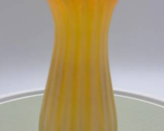 Vintage Hand Blown Yellow Opalescent Ribbed, Art Glass Base With Ruffled Rim