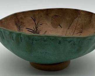 Raku Pottery bowl 7 pressed leaf and rosemary designs. Sylvia Wayne Rose Studio Canada Signed 