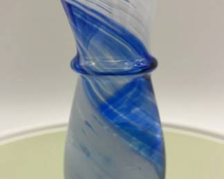 Murano glass vase hand blown with blue and white swirls
