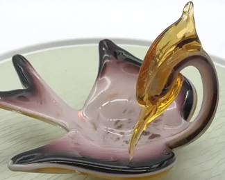 MuranoStyle Art Glass Swan Dish  Pink, Amber  Black  Sculptural Centerpiece