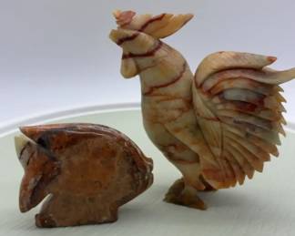 Carved Stone Folk Art Figures Rooster  Fish Lot