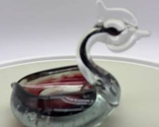 Vintage Murano glass Swan shaped dish with controlled bubbles and red interior