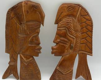 Vintage HandCarved Wooden Profile Busts  Decorative Folk Art Pair