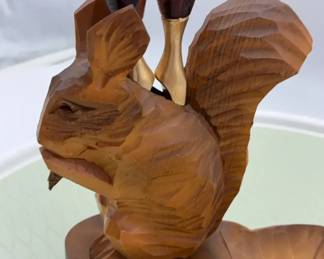 Vintage HandCarved Wooden Squirrel Nutcracker on Leaf Bowl  Rustic Woodland Decor 