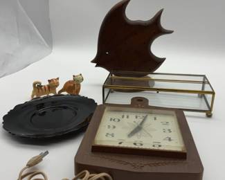 Vintage Wall Clock with Glass Brass Display Shelf  Cat Figurines  Mid Century Decor