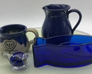 Vintage Cobalt Blue Glassware and Ceramic Pitchers