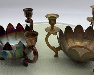 Vintage Lotus Flower Candle Holder 3 Arm Candelabra