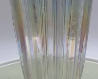 Vintage Iridescent Ribbed Glass Vase with Scalloped Rim