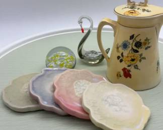 Steubenville Ivory Pitcher, coasters, Murano art glass paper weight and swan Decor Lot