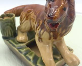 MidCentury Modern Ceramic German Shepherd, Dog Ashtray With Cigarette Holder